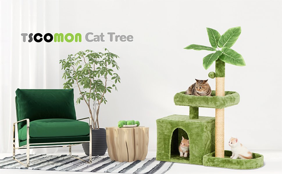 31.5" Cat Tree/Tower for Indoor Cats with Green Leaves, Cat Condo Cozy Plush Cat House with Hang Ball and Leaf Shape Design, Cat Furniture Pet House with Cat Scratching Posts, Green