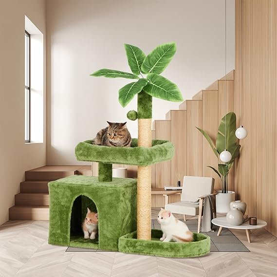 31.5" Cat Tree/Tower for Indoor Cats with Green Leaves, Cat Condo Cozy Plush Cat House with Hang Ball and Leaf Shape Design, Cat Furniture Pet House with Cat Scratching Posts, Green