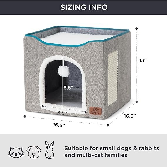 Bedsure Cat Beds for Indoor Cats - Large Cat Cave for Pet Cat House with Fluffy Ball Hanging and Scratch Pad, Foldable Cat Hideaway,16.5x16.5x13 inches, Grey