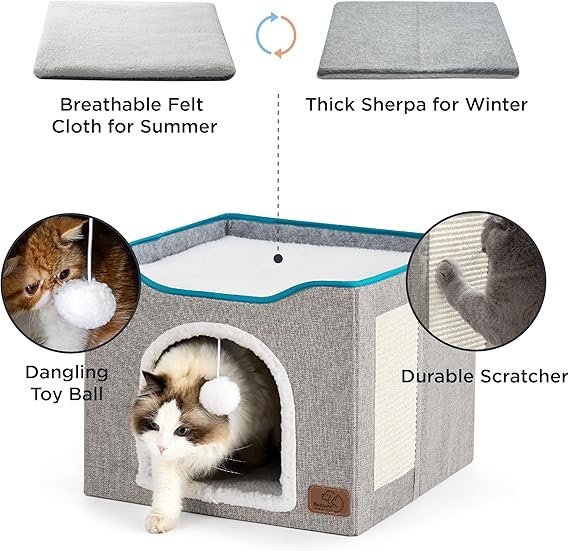 Bedsure Cat Beds for Indoor Cats - Large Cat Cave for Pet Cat House with Fluffy Ball Hanging and Scratch Pad, Foldable Cat Hideaway,16.5x16.5x13 inches, Grey