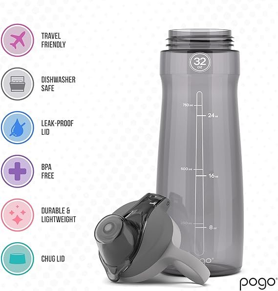 Pogo 32oz Plastic Water Bottle with Chug Lid and Carry Handle, Reusable